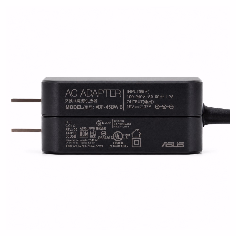 ด้านข้างอะแดปเตอร์ชาร์จ Asus Slim แสดงข้อมูลสเปกไฟ AC ADAPTER 19V 2.37A และขาปลั๊กไฟ