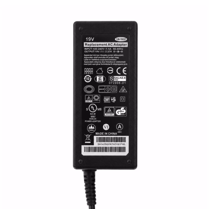 ป้ายฉลากสเปกข้อมูลบนตัวอะแดปเตอร์ชาร์จโน้ตบุ๊ก Asus Replacement AC Adapter 19V 2.37A และบาร์โค้ด