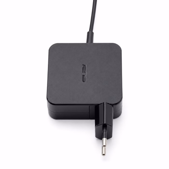 อะแดปเตอร์ชาร์จโน้ตบุ๊ก Asus 19V 45W แสดงมุมมองด้านหลังและขาปลั๊กไฟสำหรับเสียบผนังบ้าน
