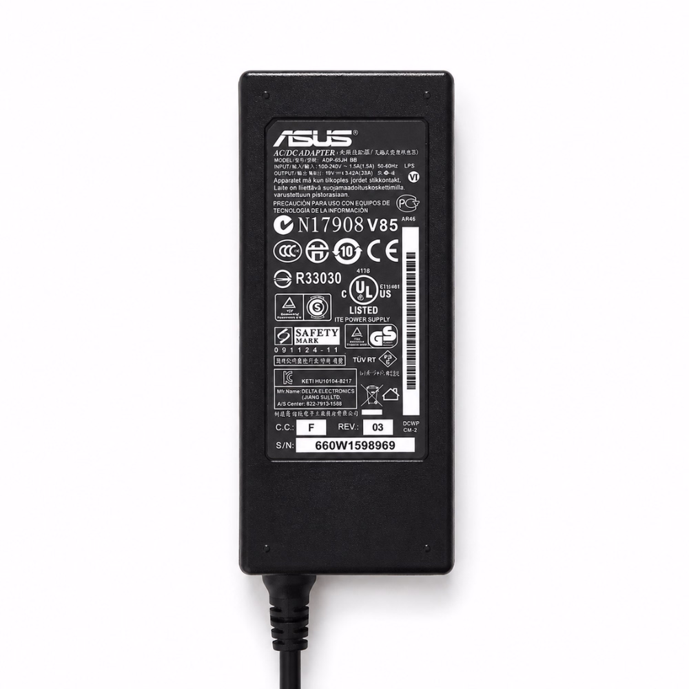 ป้ายฉลากสเปกข้อมูลบนตัวอะแดปเตอร์ชาร์จโน้ตบุ๊ก Asus 19V 3.42A 65W รุ่น ADP-65JH BB