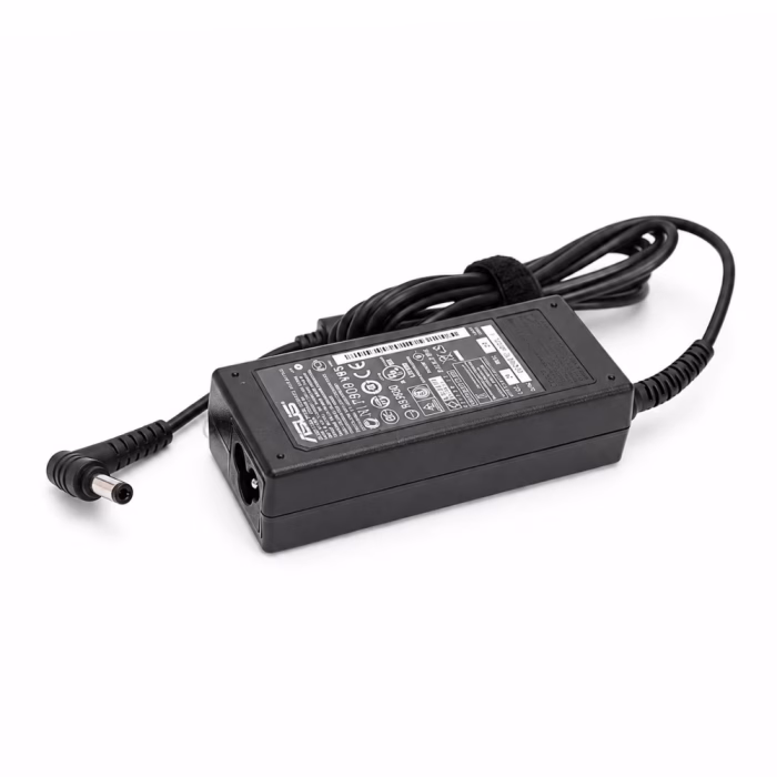 อะแดปเตอร์ชาร์จโน้ตบุ๊ก Asus 19V 3.42A 65W มุมเฉียง แสดงตัวกล่องอะแดปเตอร์และหัวแจ็ค DC ทรงงอ