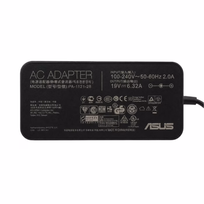 ป้ายฉลากสเปกข้อมูลบนตัวอะแดปเตอร์ชาร์จโน้ตบุ๊ก Asus Model PA-1121-28 จ่ายไฟ 19V 6.32A 120W