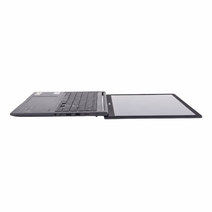 โน้ตบุ๊ก Asus Vivobook 15 สี Quiet Blue กางราบ 180 องศา แสดงพอร์ตเชื่อมต่อและตัวเครื่องบางเฉียบ