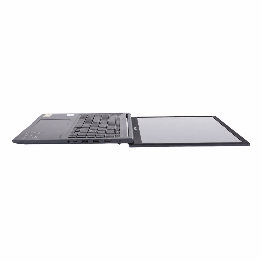 โน้ตบุ๊ก Asus Vivobook 15 สี Quiet Blue กางราบ 180 องศา แสดงพอร์ตเชื่อมต่อและตัวเครื่องบางเฉียบ