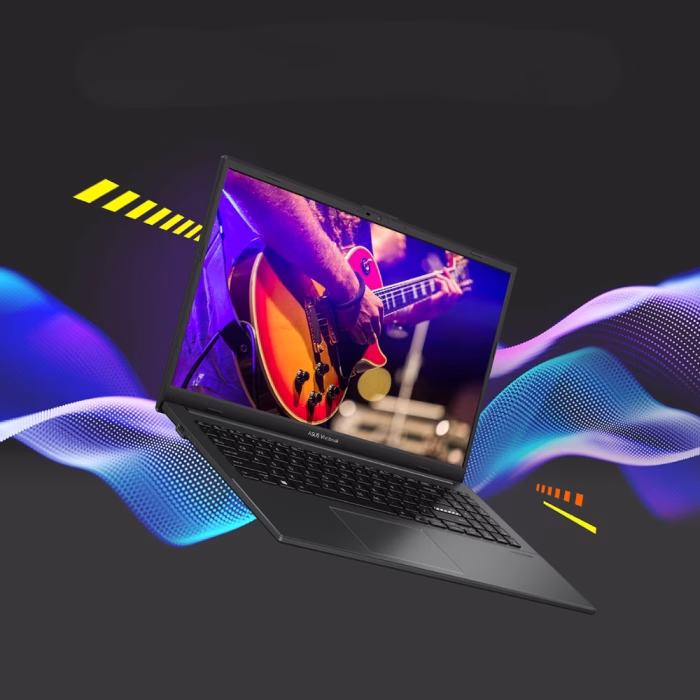 asus-vivobook-go-15-m1504fa-bq518wa-black-3 โน้ตบุ๊ก Asus Vivobook Go 15 สีดำ ลอยตัวบนพื้นหลังเอฟเฟกต์แสงไฟและคลื่นเสียงดนตรี