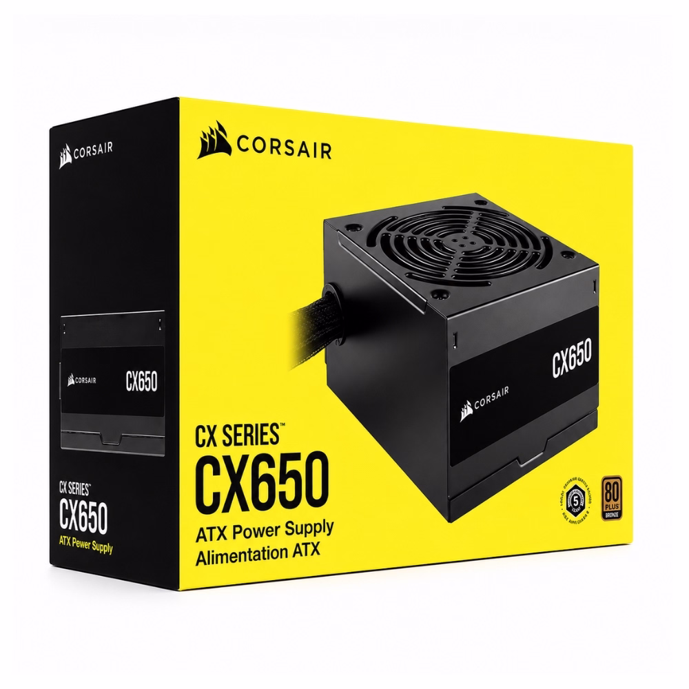 พาวเวอร์ซัพพลาย Corsair CX650 650W 80 Plus Bronze วางคู่กับกล่องบรรจุภัณฑ์สีเหลืองดำ
