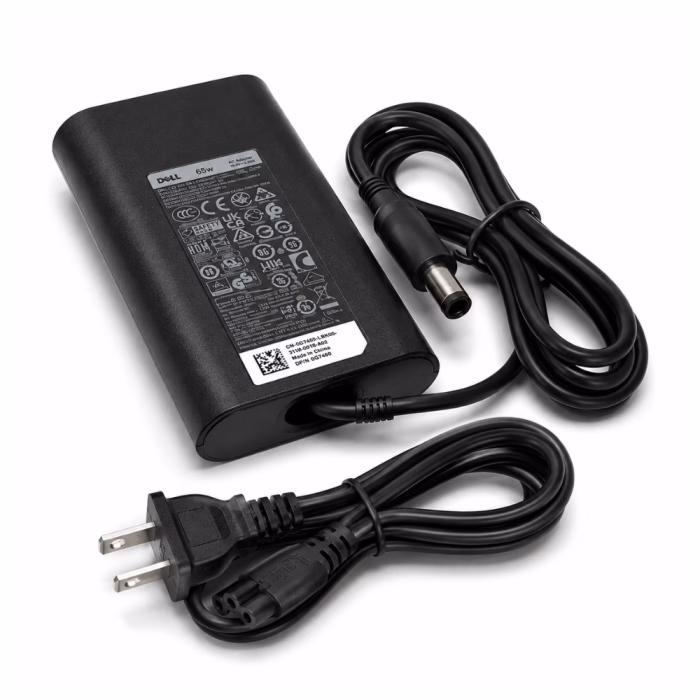 dell-adapter-195v-334a-65w-45x30mm-slim-3 อะแดปเตอร์ชาร์จโน้ตบุ๊ก Dell ทรง Slim 19.5V 65W วางจัดระเบียบร่วมกับสายไฟ AC และสาย DC บนพื้นหลังสีขาว