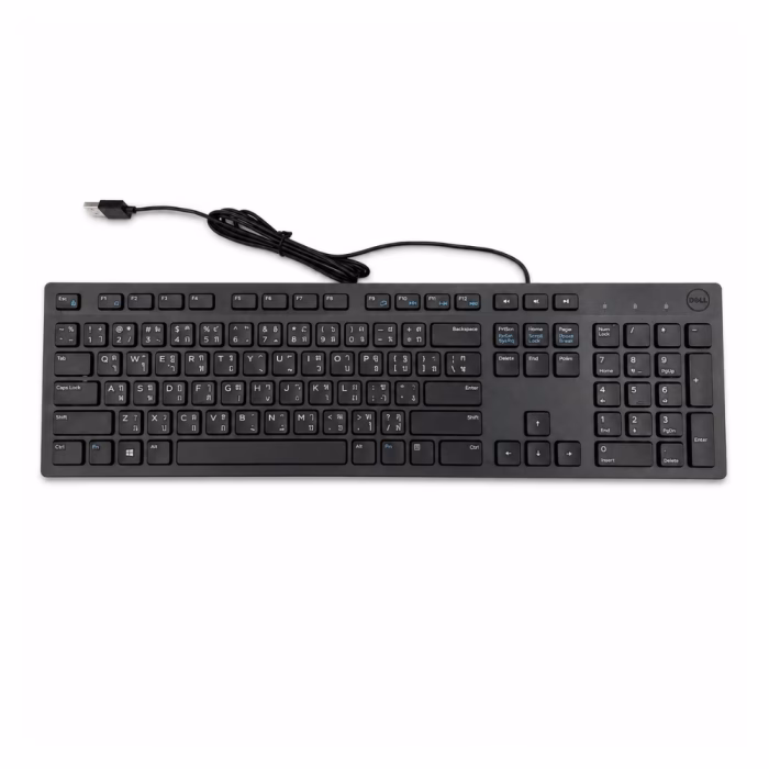 dell-kb216-wired-keyboard-black-1 คีย์บอร์ดมีสายสีดำ Dell KB216 มุมมองด้านบนตรง แสดงแป้นพิมพ์ภาษาไทย-อังกฤษและสายเชื่อมต่อ USB บนพื้นหลังสีขาว