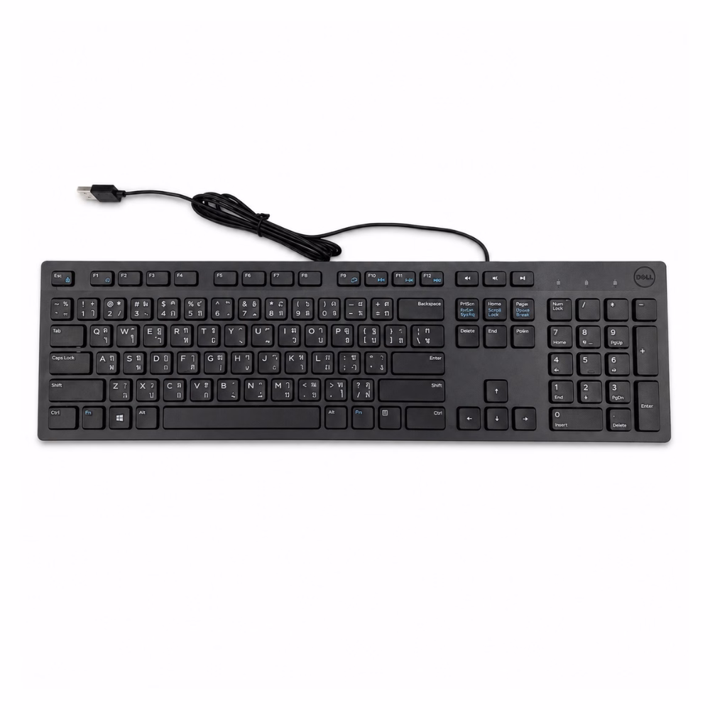 dell-kb216-wired-keyboard-black-1 คีย์บอร์ดมีสายสีดำ Dell KB216 มุมมองด้านบนตรง แสดงแป้นพิมพ์ภาษาไทย-อังกฤษและสายเชื่อมต่อ USB บนพื้นหลังสีขาว
