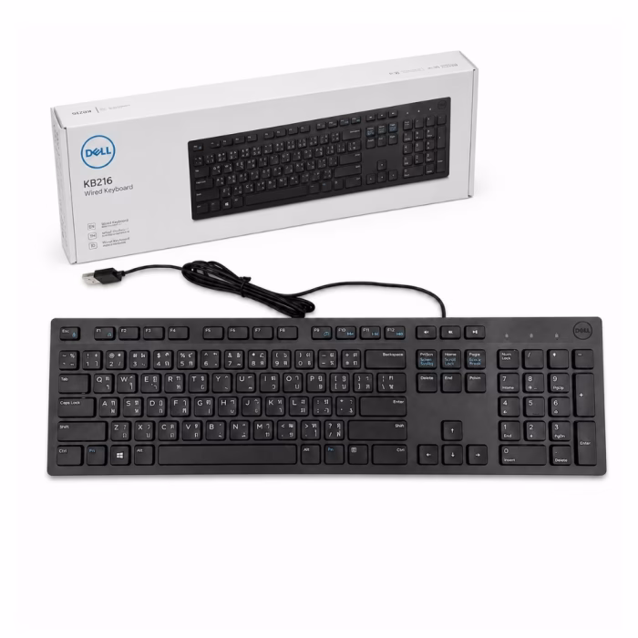 dell-kb216-wired-keyboard-black-2 คีย์บอร์ดมีสาย Dell KB216 สีดำ วางคู่กับกล่องบรรจุภัณฑ์สีขาวของเดลล์