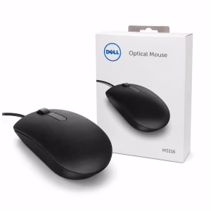 เมาส์มีสาย Dell MS116 สีดำ วางคู่กับกล่องผลิตภัณฑ์สีขาว ดีไซน์เรียบง่ายทันสมัย