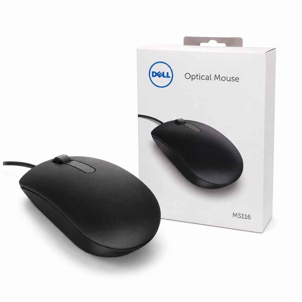 dell-ms116-optical-mouse-black-1 เมาส์มีสาย Dell MS116 สีดำ วางคู่กับกล่องผลิตภัณฑ์สีขาว ดีไซน์เรียบง่ายทันสมัย