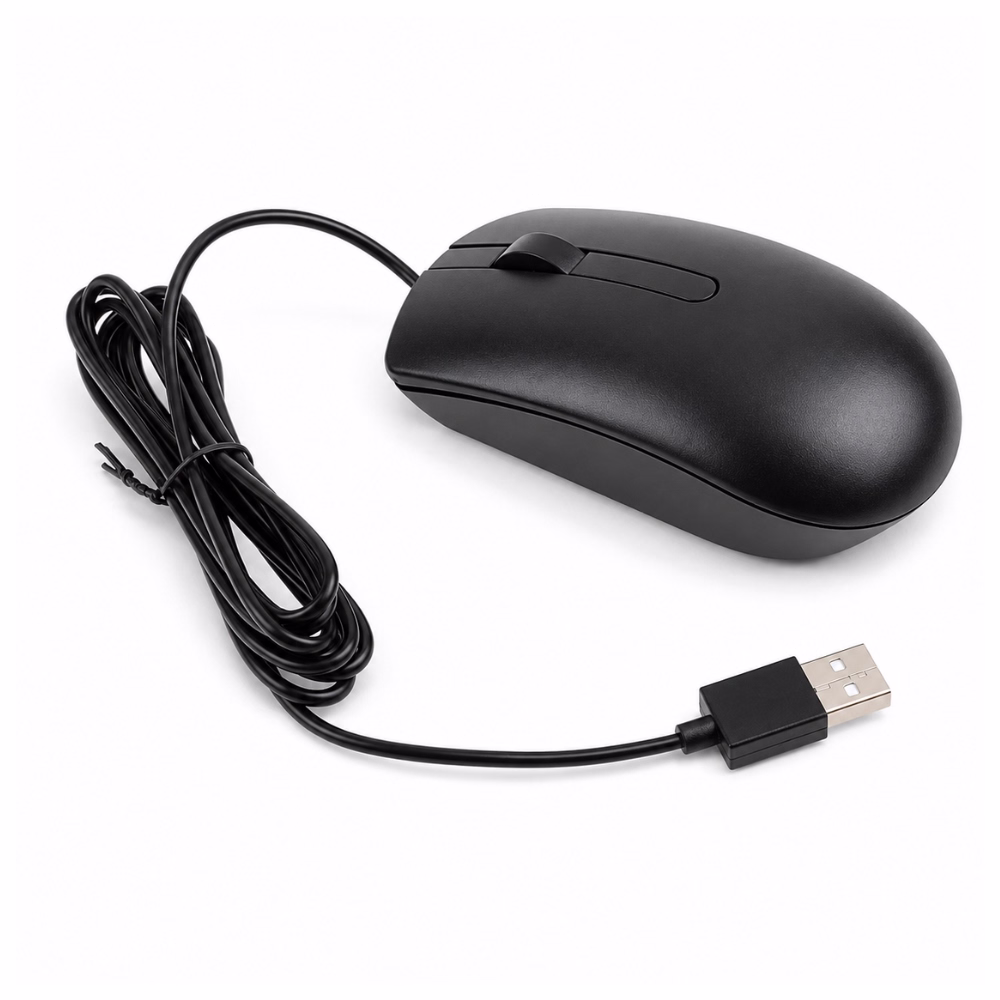เมาส์ออปติคอลมีสาย Dell MS116 สีดำ พร้อมสาย USB ม้วนเก็บเรียบร้อยและหัวต่อยูเอสบีมาตรฐาน