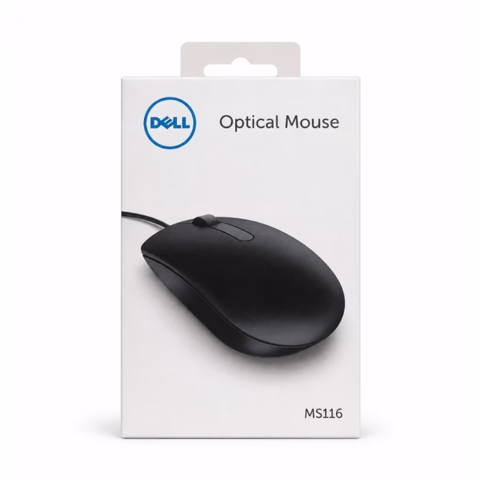 dell-ms116-optical-mouse-black-3 กล่องบรรจุภัณฑ์เมาส์มีสาย Dell Optical Mouse MS116 สีขาว แสดงโลโก้เดลล์และภาพตัวเมาส์