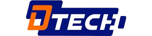 โลโก้แบรนด์ DTECH ตัวอักษรสีน้ำเงินและสัญลักษณ์ดีไซน์สีส้มบนพื้นหลังสีขาว