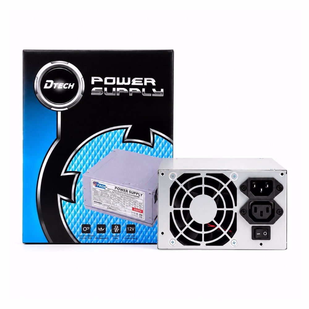 dtech-pw032-550w-power-supply-1 พาวเวอร์ซัพพลาย DTECH PW032 550W วางคู่กับกล่องผลิตภัณฑ์ แสดงพัดลมระบายความร้อนและช่องเสียบปลั๊กไฟ AC แบบคู่ด้านหลัง