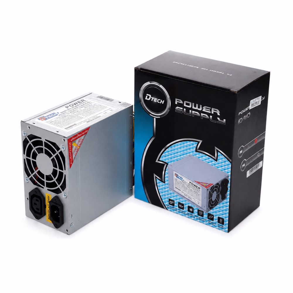 พาวเวอร์ซัพพลาย DTECH 550W มุมเฉียง วางคู่กับกล่องผลิตภัณฑ์โทนสีดำน้ำเงิน