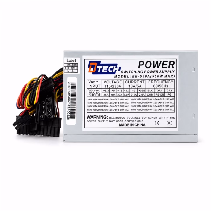 dtech-pw032-550w-power-supply-4 ป้ายฉลากสเปกข้อมูลและค่าการจ่ายไฟบนตัวพาวเวอร์ซัพพลาย DTECH PW032 550W Model EB-550A