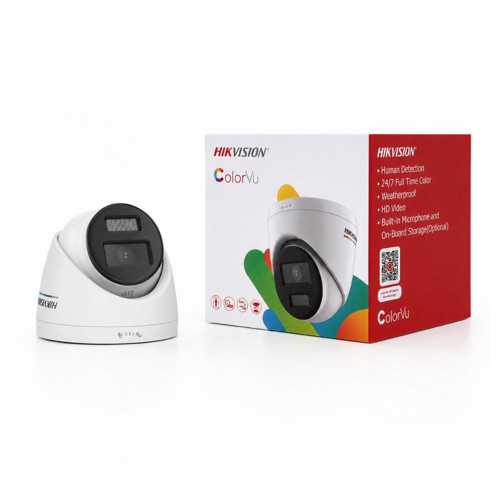 hikvision-colorvu-2mp-ds-2cd1327g2-luf-1 กล้องวงจรปิด HIKVISION ColorVu Turret 2MP รุ่น DS-2CD1327G2-LUF เลนส์ 2.8 มม. วางคู่กับกล่องบรรจุภัณฑ์