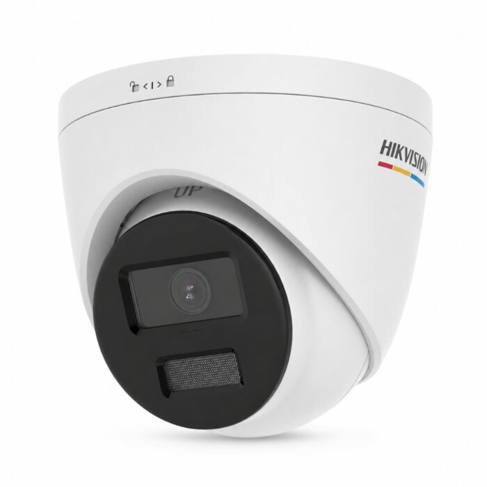 กล้องวงจรปิด HIKVISION DS-2CD1327G2-LUF ColorVu 2MP มุมมองเฉียง แสดงเลนส์ F1.0 ไฟส่องสว่าง และโลโก้ Hikvision