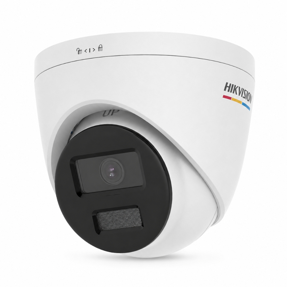 กล้องวงจรปิด HIKVISION DS-2CD1327G2-LUF ColorVu 2MP มุมมองเฉียง แสดงเลนส์ F1.0 ไฟส่องสว่าง และโลโก้ Hikvision