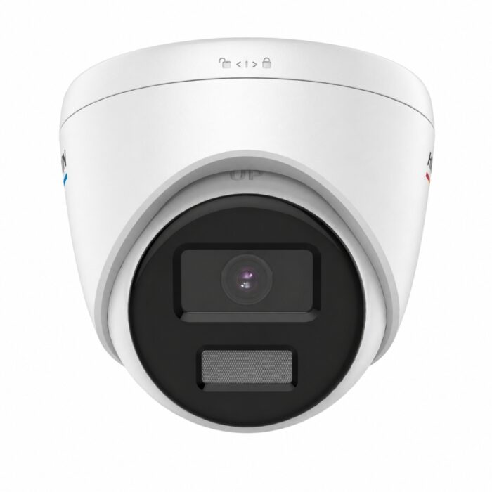 ด้านหน้าตรงกล้องวงจรปิด HIKVISION ColorVu Turret 2MP DS-2CD1327G2-LUF แสดงเลนส์ 2.8 มม. และแผงไฟ LED ส่องสว่างกลางคืน