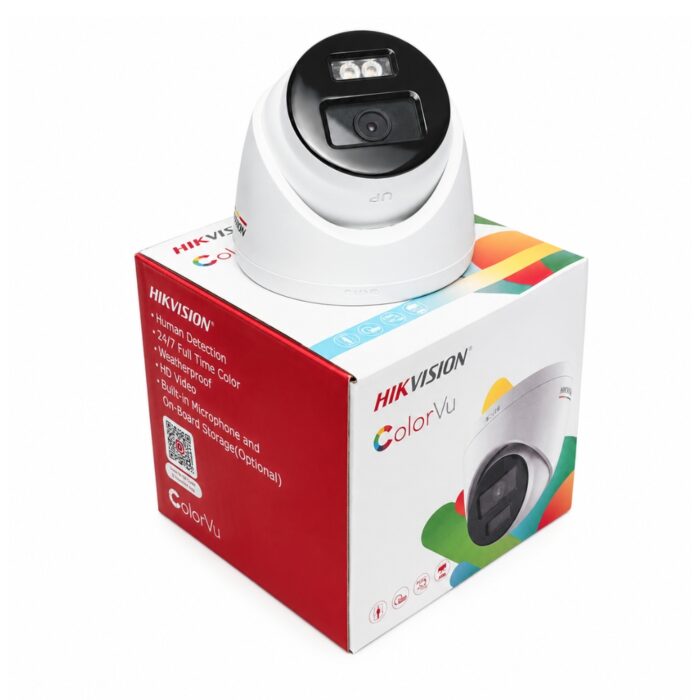 กล้องวงจรปิด HIKVISION ColorVu 2MP DS-2CD1327G2-LUF วางบนกล่องบรรจุภัณฑ์แสดงฟังก์ชันตรวจจับบุคคลและภาพสี 24 ชั่วโมง