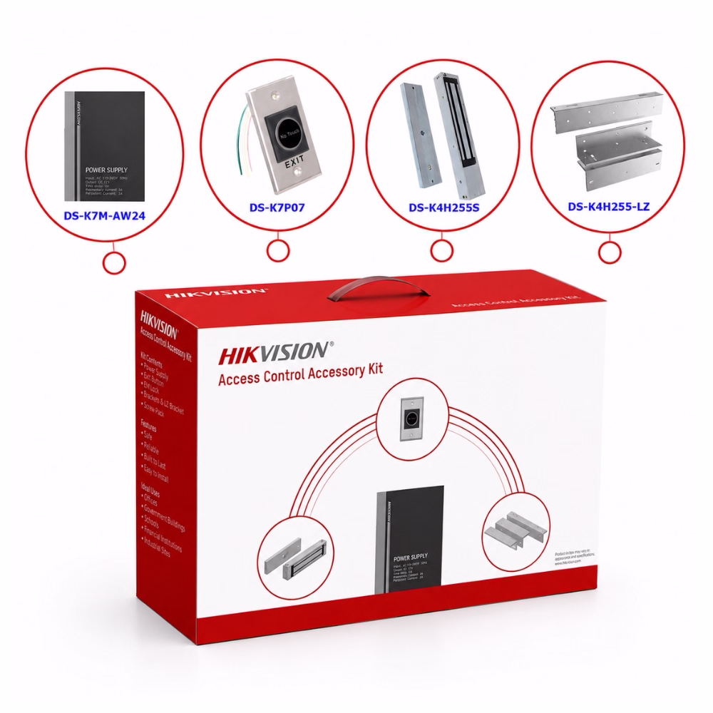 กล่อง HIKVISION DS-KAS-7M01 แสดงอุปกรณ์ภายในชุด พาวเวอร์ซัพพลาย DS-K7M-AW24 ปุ่มกดไร้สัมผัส DS-K7P07 กลอนแม่เหล็ก DS-K4H255S และขายึด DS-K4H255-LZ