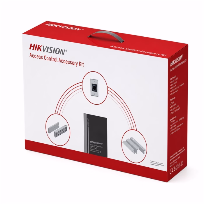 hikvision-kit-ds-kas-7m01-3 กล่องบรรจุภัณฑ์ HIKVISION Access Control Accessory Kit รุ่น DS-KAS-7M01 มุมมองสามมิติพร้อมหูหิ้วและไดอะแกรมการเชื่อมต่อ
