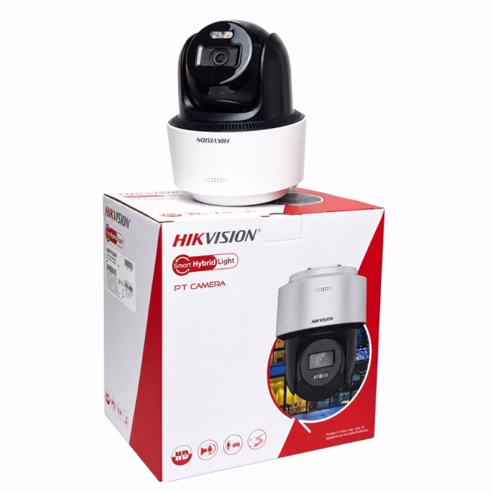 hikvision-pt-4mp-ds-2de2c400mwg-e-4 กล้องวงจรปิด HIKVISION PT 4MP รุ่น DS-2DE2C400MWG-E วางบนกล่องบรรจุภัณฑ์แสดงไอคอนฟังก์ชันการทำงาน