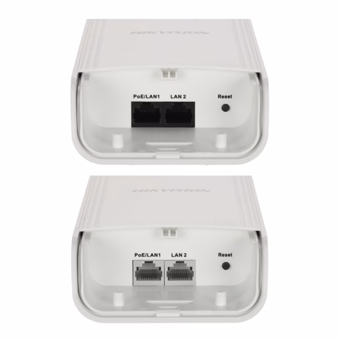 hikvision-wireless-bridge-ds-3wf1000-ei-2n-3 พอร์ตเชื่อมต่อด้านล่าง HIKVISION Wireless Bridge DS-3WF1000-EI-2N แสดงพอร์ต PoE/LAN1 พอร์ต LAN 2 และปุ่ม Reset