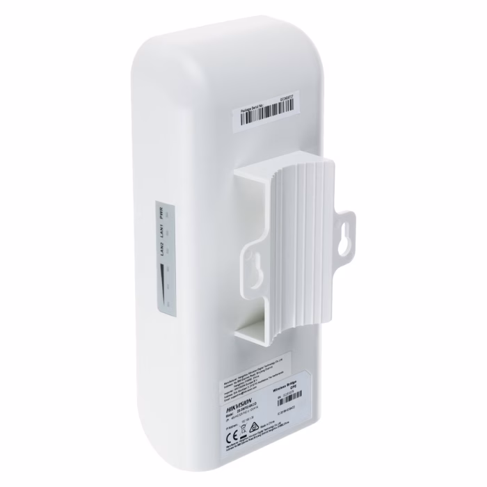 hikvision-wireless-bridge-ds-3wf1000-ei-2n-4 ด้านหลังตัวเครื่อง HIKVISION Wireless Bridge DS-3WF1000-EI-2N แสดงขายึดเสา ไฟแสดงระดับสัญญาณ LED และฉลากระบุรุ่น