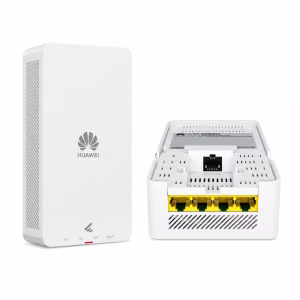แอคเซสพอยต์ติดผนัง Huawei eKitEngine AP266 Wi-Fi 6 สีขาว แสดงตัวเครื่องด้านหน้าคู่กับมุมมองด้านหลังและพอร์ตเชื่อมต่อ