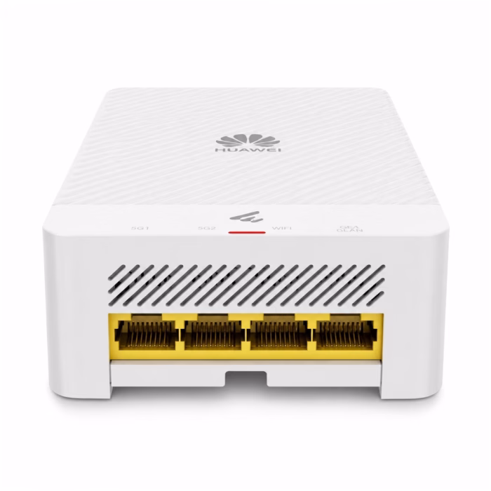 huawei-ap266-wifi6-ap-2 ด้านล่างแอคเซสพอยต์ติดผนัง Huawei eKitEngine AP266 แสดงพอร์ต LAN สีเหลือง 4 ช่อง และช่องระบายความร้อน