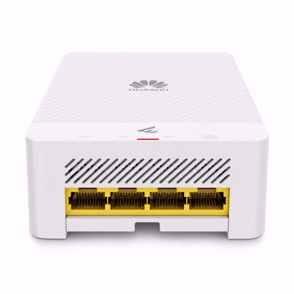ด้านล่างแอคเซสพอยต์ติดผนัง Huawei eKitEngine AP266 แสดงพอร์ต LAN สีเหลือง 4 ช่อง และช่องระบายความร้อน