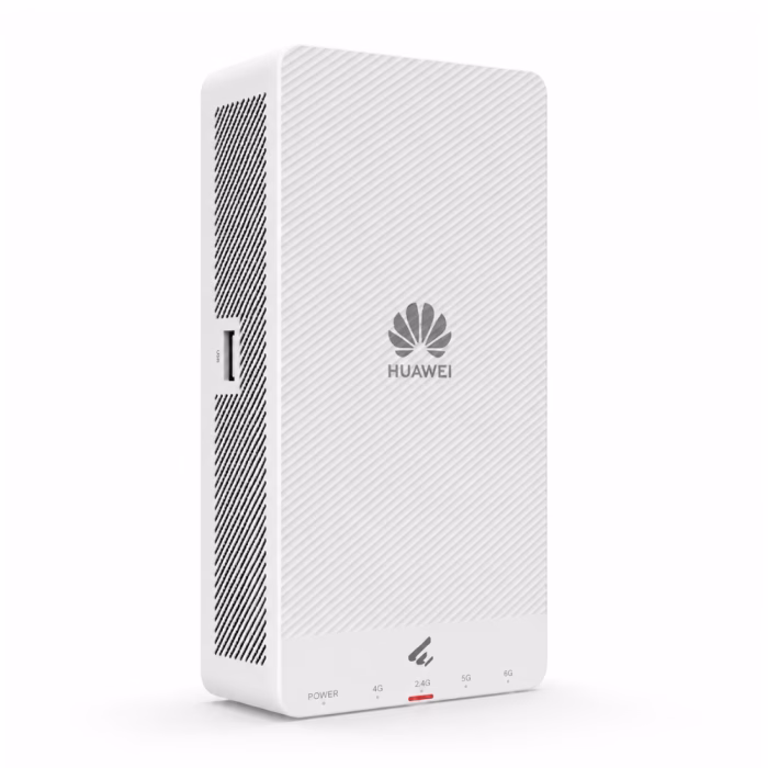 huawei-ekitengine-ap271e-wifi7-ap-1 แอคเซสพอยต์ติดผนัง Huawei eKitEngine AP271E Wi-Fi 7 สีขาว แสดงโลโก้ ไฟแสดงสถานะ และพอร์ต USB ด้านข้าง