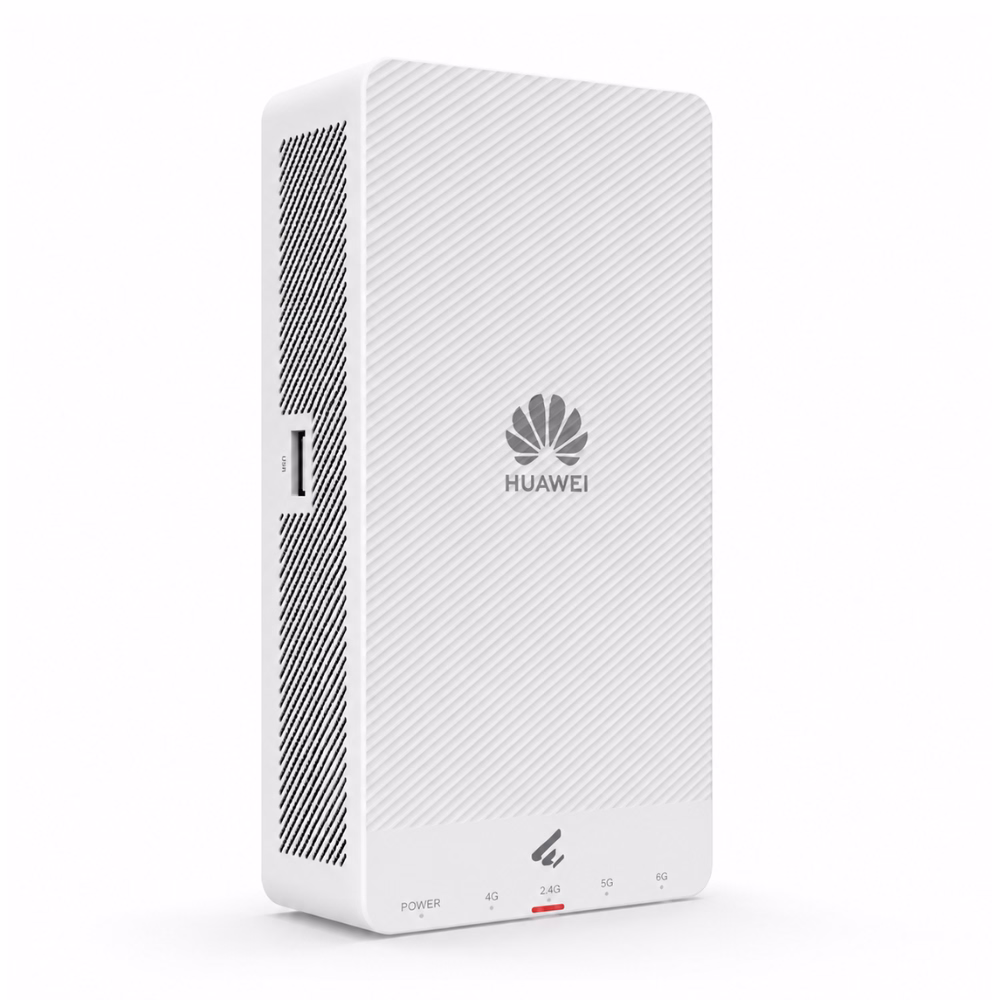 huawei-ekitengine-ap271e-wifi7-ap-1 แอคเซสพอยต์ติดผนัง Huawei eKitEngine AP271E Wi-Fi 7 สีขาว แสดงโลโก้ ไฟแสดงสถานะ และพอร์ต USB ด้านข้าง