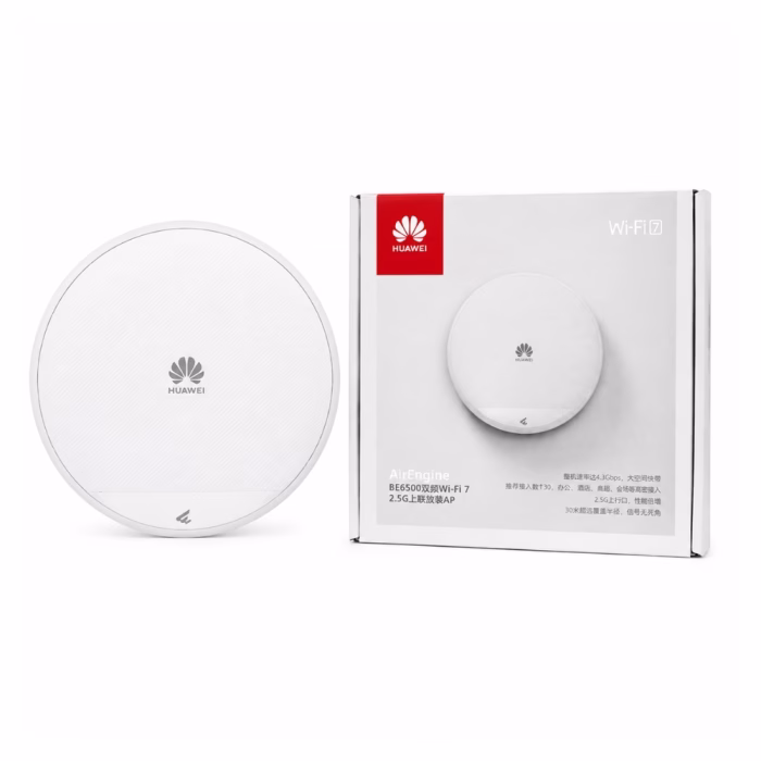 huawei-ekitengine-ap572-wifi7-ap-1 แอคเซสพอยต์ Huawei eKitEngine AP572 Wi-Fi 7 สีขาว ทรงกลม วางคู่กับกล่องบรรจุภัณฑ์ BE6500