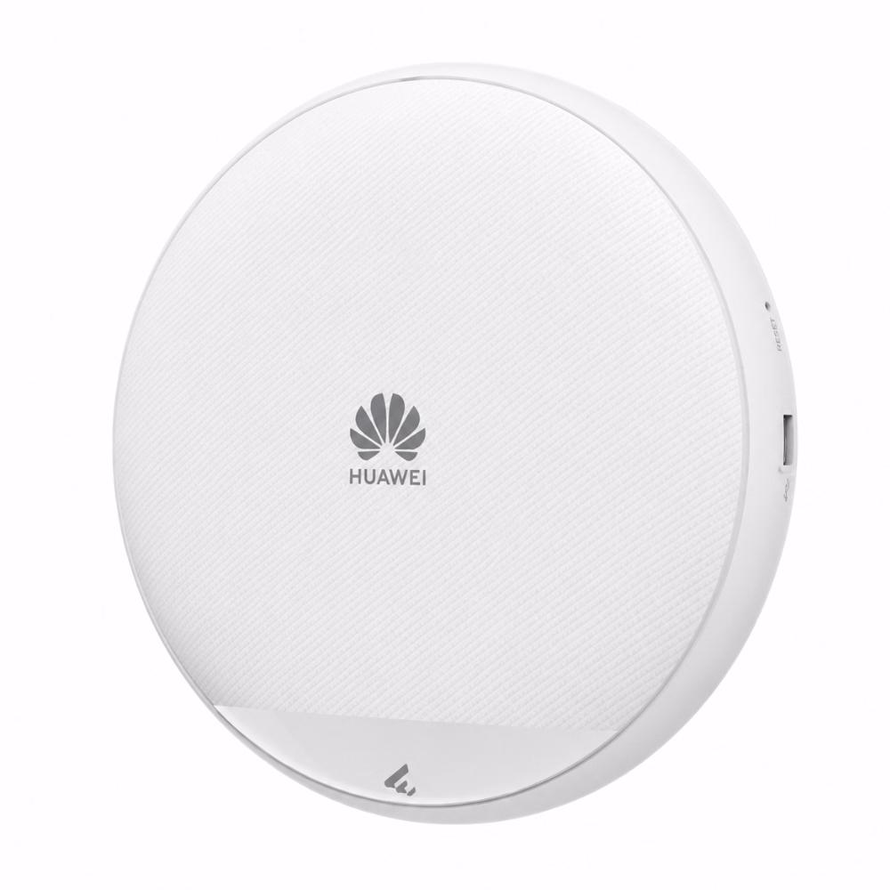 แอคเซสพอยต์ไร้สาย Huawei eKitEngine AP572 Wi-Fi 7 มุมมองเฉียง แสดงพอร์ต USB ด้านข้าง ปุ่มรีเซ็ต และพื้นผิวลายเฉียง