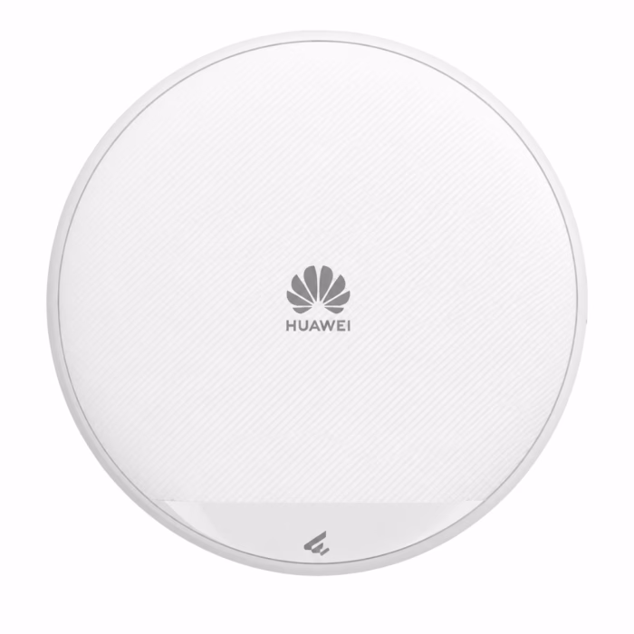 huawei-ekitengine-ap572-wifi7-ap-3 ด้านหน้าตรงแอคเซสพอยต์ Huawei eKitEngine AP572 ทรงกลมสีขาว แสดงโลโก้ Huawei และพื้นผิวลายเฉียงกันรอย