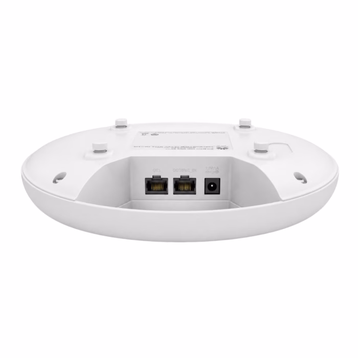 huawei-ekitengine-ap572-wifi7-ap-4 ด้านหลังแอคเซสพอยต์ Huawei eKitEngine AP572 แสดงพอร์ตแลน GE1 พอร์ต 2.5G PoE_IN ช่องไฟ DC 12V และขาล็อคฐานยึดเพดาน