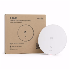 แอคเซสพอยต์ Huawei eKitEngine AP661 Wi-Fi 6 สีขาว ทรงกลม วางคู่กับกล่องบรรจุภัณฑ์ AX6600