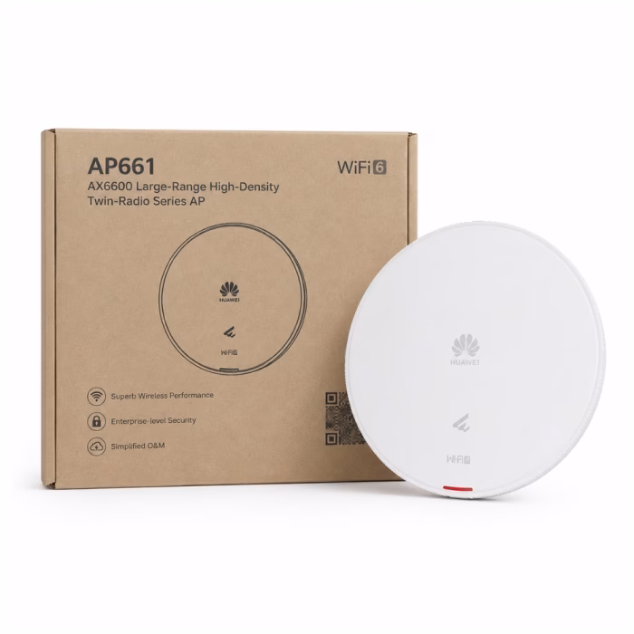 huawei-ekitengine-ap661-wifi6-ap-1 แอคเซสพอยต์ Huawei eKitEngine AP661 Wi-Fi 6 สีขาว ทรงกลม วางคู่กับกล่องบรรจุภัณฑ์ AX6600