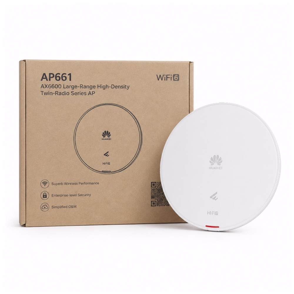 huawei-ekitengine-ap661-wifi6-ap-1 แอคเซสพอยต์ Huawei eKitEngine AP661 Wi-Fi 6 สีขาว ทรงกลม วางคู่กับกล่องบรรจุภัณฑ์ AX6600