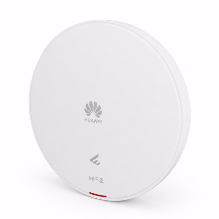 huawei-ekitengine-ap661-wifi6-ap-2 ด้านหน้าแอคเซสพอยต์ Huawei eKitEngine AP661 ทรงกลมสีขาว แสดงโลโก้ Huawei และสัญลักษณ์ Wi-Fi 6
