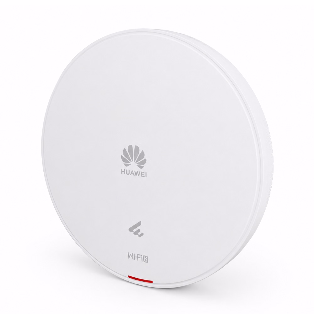 ด้านหน้าแอคเซสพอยต์ Huawei eKitEngine AP661 ทรงกลมสีขาว แสดงโลโก้ Huawei และสัญลักษณ์ Wi-Fi 6