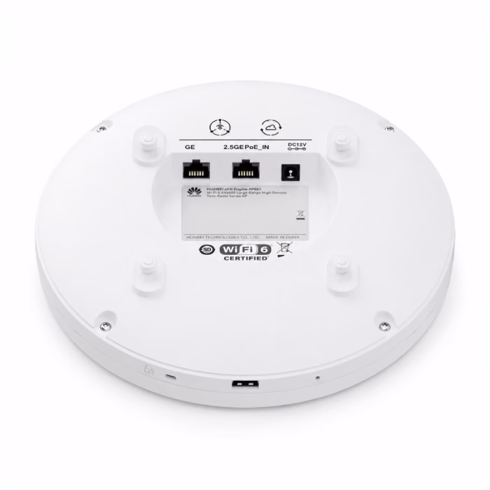 huawei-ekitengine-ap661-wifi6-ap-3 ด้านหลังแอคเซสพอยต์ Huawei eKitEngine AP661 แสดงพอร์ต GE พอร์ต 2.5GE PoE_IN ช่องไฟ DC 12V และจุดยึดเพดาน