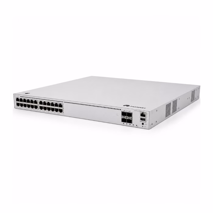 huawei-s310-24pn4x-24port-2 ด้านหน้าเฉียงขวาสวิตช์ Huawei S310-24PN4X แสดงพอร์ต Uplink 10GE SFP+ 4 ช่อง และพอร์ต Management