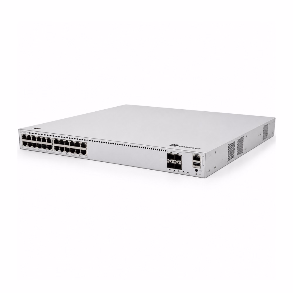 ด้านหน้าเฉียงขวาสวิตช์ Huawei S310-24PN4X แสดงพอร์ต Uplink 10GE SFP+ 4 ช่อง และพอร์ต Management