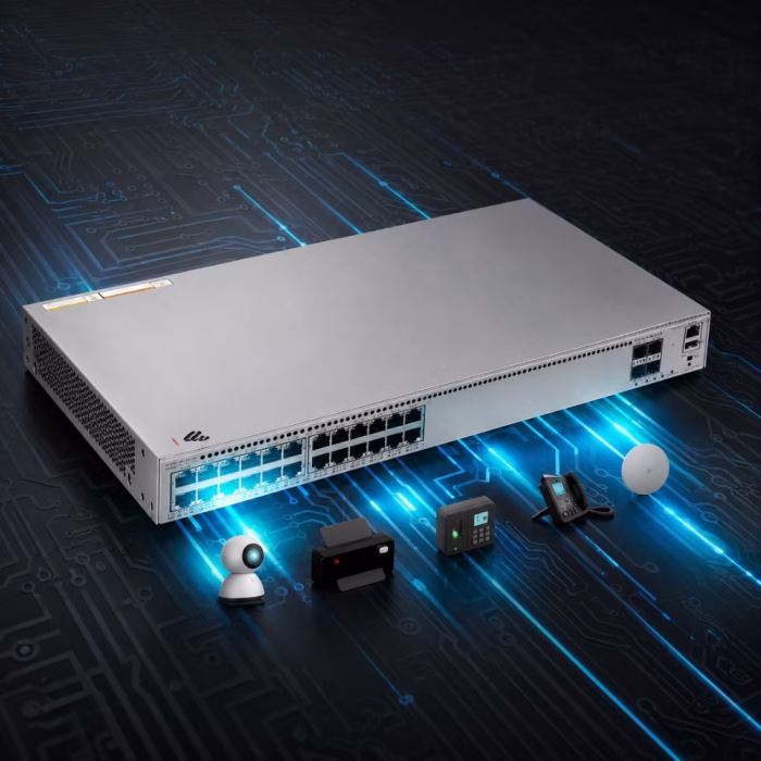 huawei-s310-24pn4x-24port-4 ภาพกราฟิกจำลองการทำงานของสวิตช์ Huawei S310-24PN4X จ่ายไฟ PoE+ เชื่อมต่อกล้องวงจรปิด เครื่องสแกนนิ้ว โทรศัพท์ IP และแอคเซสพอยต์